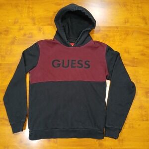 GUESS Hoodie Men's Medium Colorblock Black Burgundy Embroidered Logo Sweatshirt